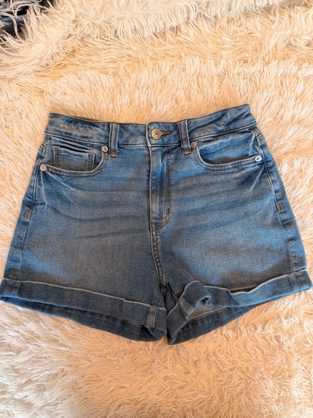 American Eagle Outfitters Medium Blue High-Rise Roll Cuff Jean Shorts